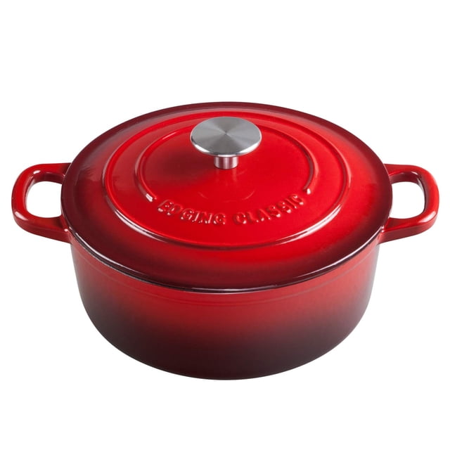 Horno holandés de hierro fundido esmaltado EDGING CASTING, 5.5 cuartos, redondo, con doble asa para hornear pan, con tapa, color rojo