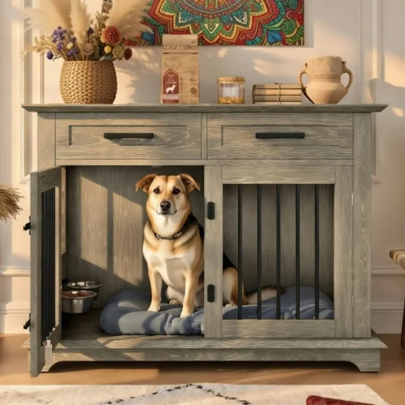 Large Dog Crate Furniture, Wooden End Table Indoor Kennel with Storage Drawers & Rotating Bowls, Decorative Pet Cage House for Medium Large Dogs, Gray