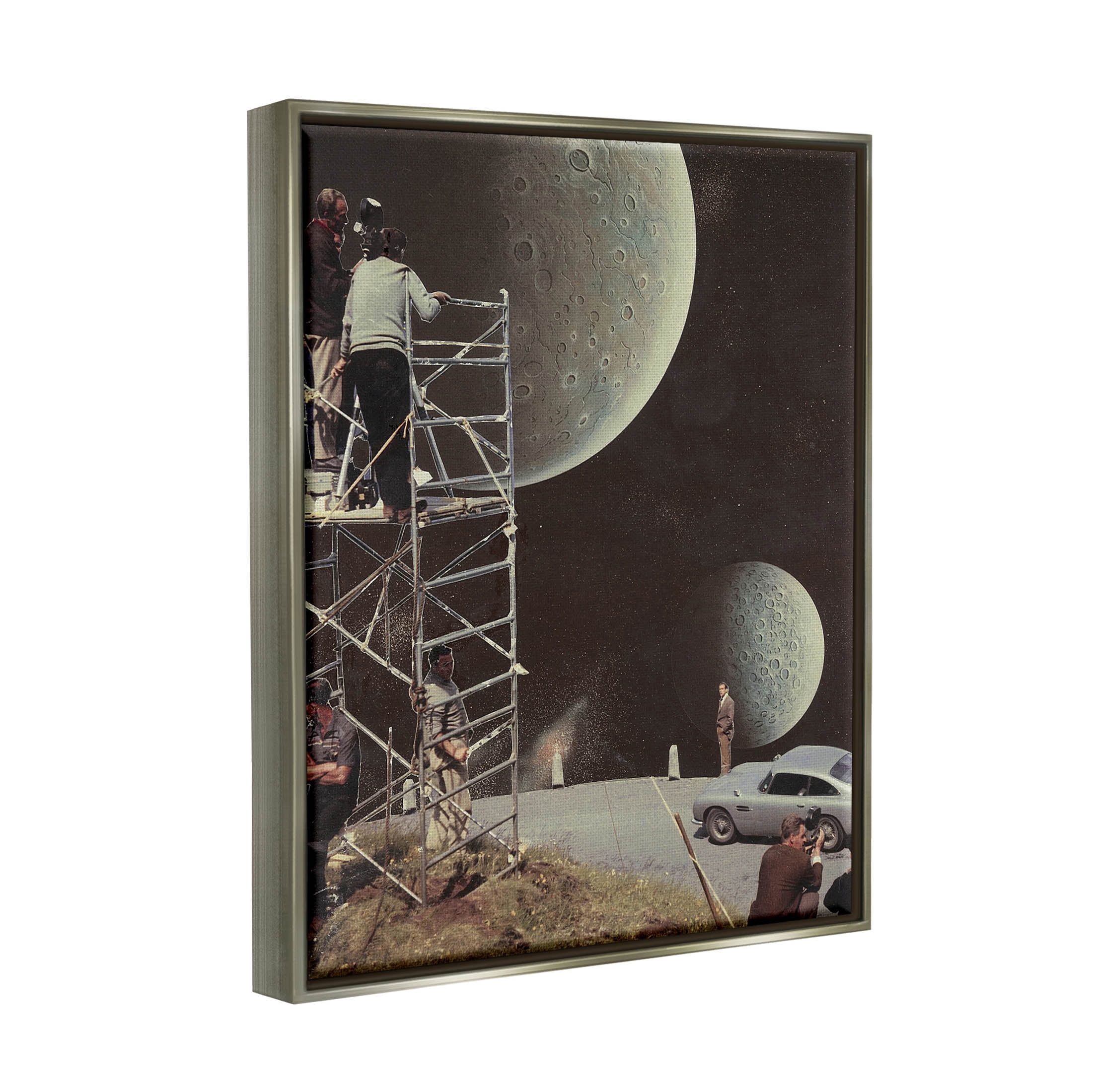 Stupell Industries Two Moons Vintage Film Set Galaxy Graphic Art Luster Gray Floating Framed Canvas Print Wall Art, Design by Matheus Lopes Castro