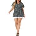 thumbnail image 2 of Agnes Orinda Women's Plus Size Tops Short Sleeve Smocked Waist V Neck Ditsy Floral Chiffon Summer Blouse 3X Black White, 2 of 6