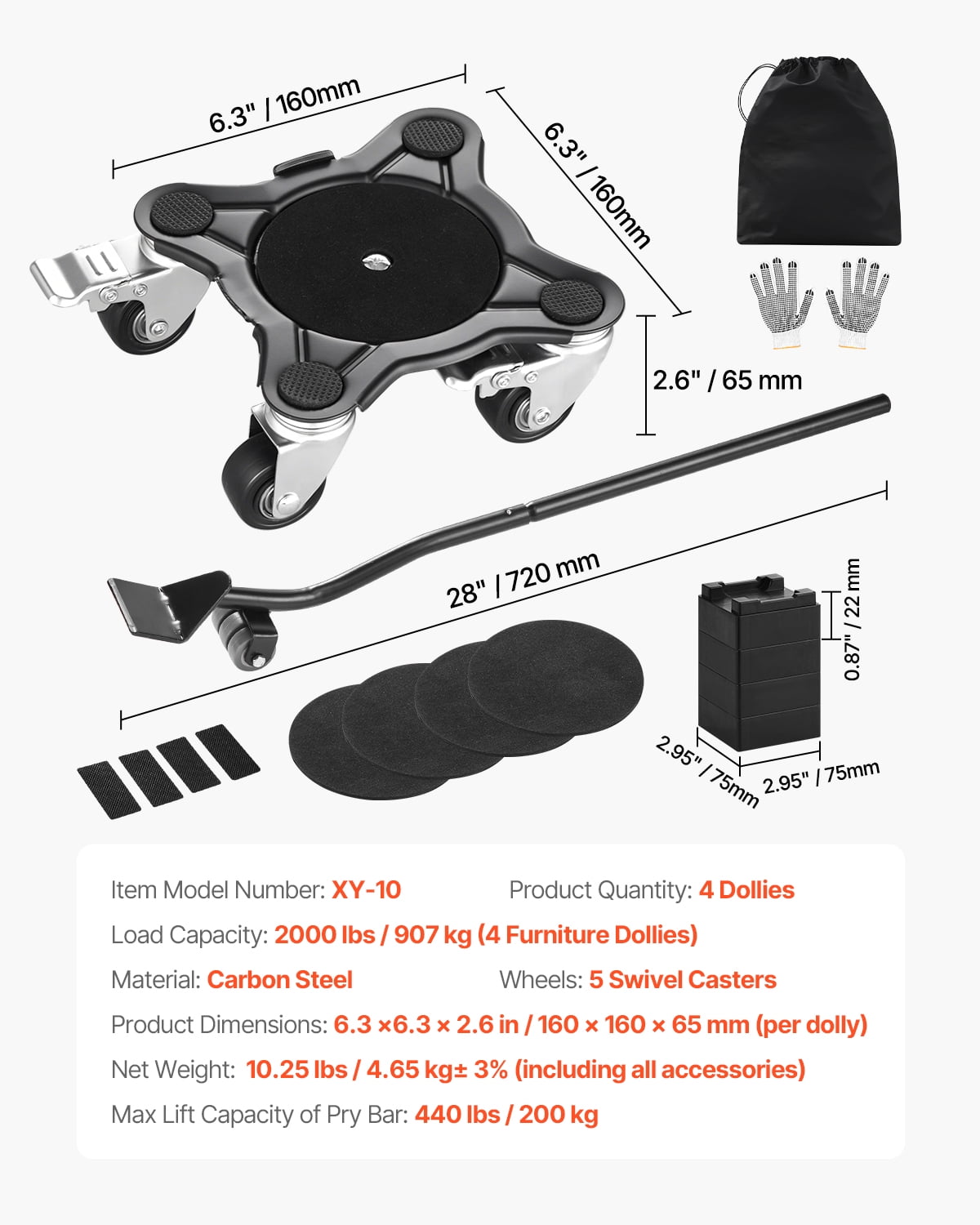 KFFKFF Appliance Mover, 1200 lbs Max Capacity, Robust Furniture Shifting Equipment with 5 Omni-directional Wheels, Carbon Steel Base, Furniture Elevation and Sliding Kit for Domestic Appliances