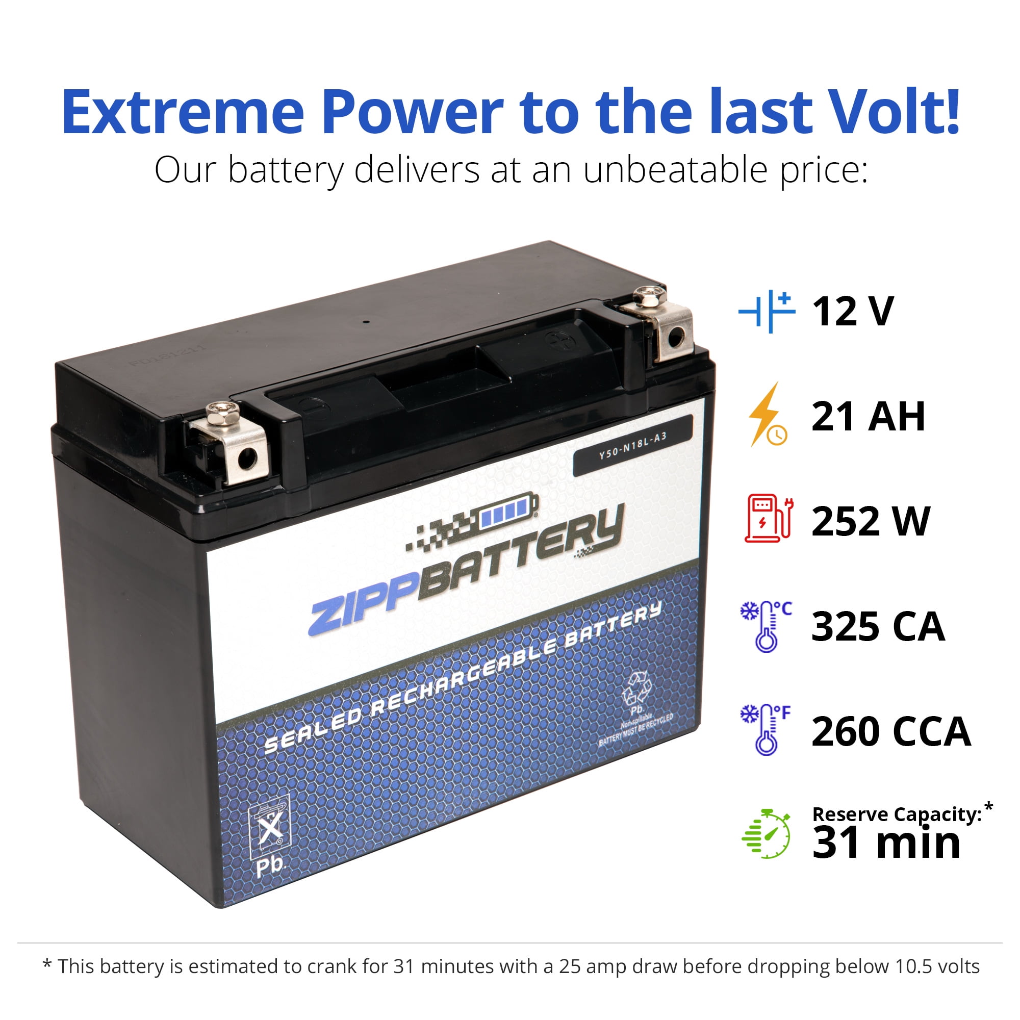 Zipp Battery Y50-N18L-A3 (50-N18L-A3 12 Volt,20 Ah, 260 CCA) Motorcycle Battery for Harley-davidson 1340cc Fl Flh Touring 1989