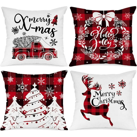 Christmas Throw Pillow Covers 18x18 Set of 4, Decorative Holiday Farmhouse Merry Xmas 18 x 18 Buffalo Check Plaid Cushion Pillow Cases for Outdoor Indoor Home House Room Couch Decor (Red)