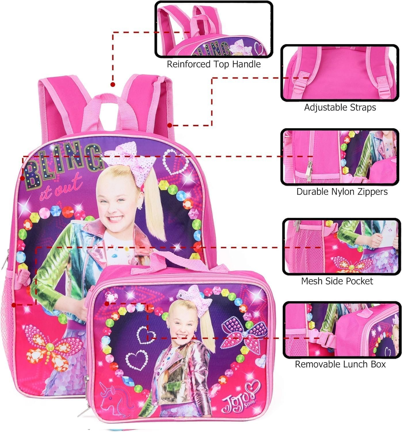 Mochila para Niña Jojo Siwa de 16" con Lonchera Desmontable, para Escuela y Baile 5