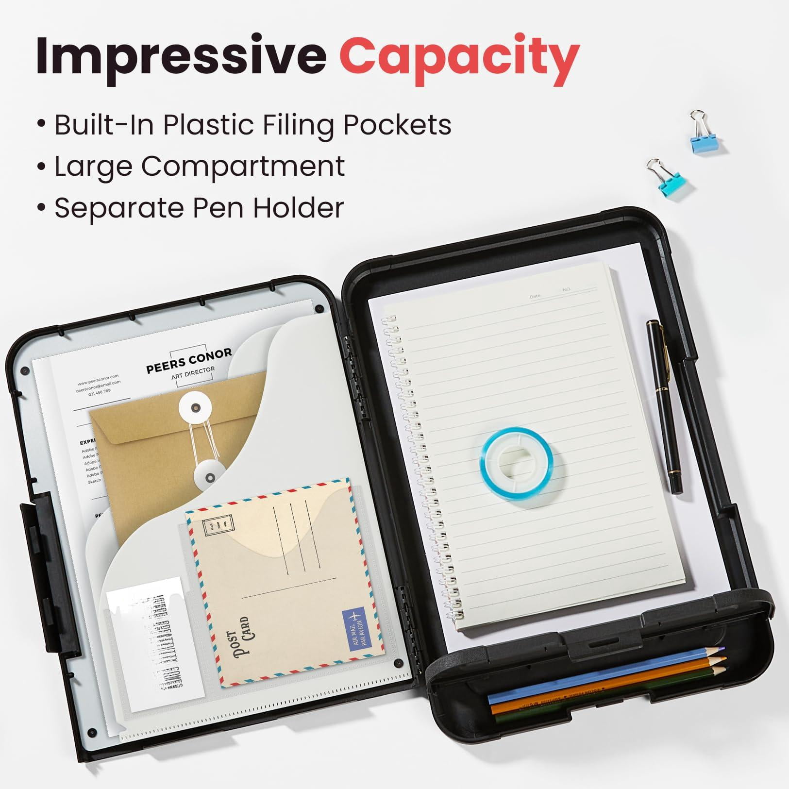 Reinforced Clipboard With Storage  Inner Plastic Folder Attached Heavy Duty Clip Boards 8.5x11 Pen Holder High Capacity Clipboards For Teacher Office Home Letter / A4 Size