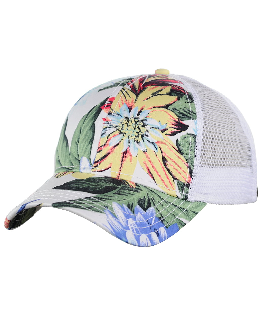 C.C Floral Print Front Panel Mesh Back Adjustable Precurved Baseball Cap Hat 