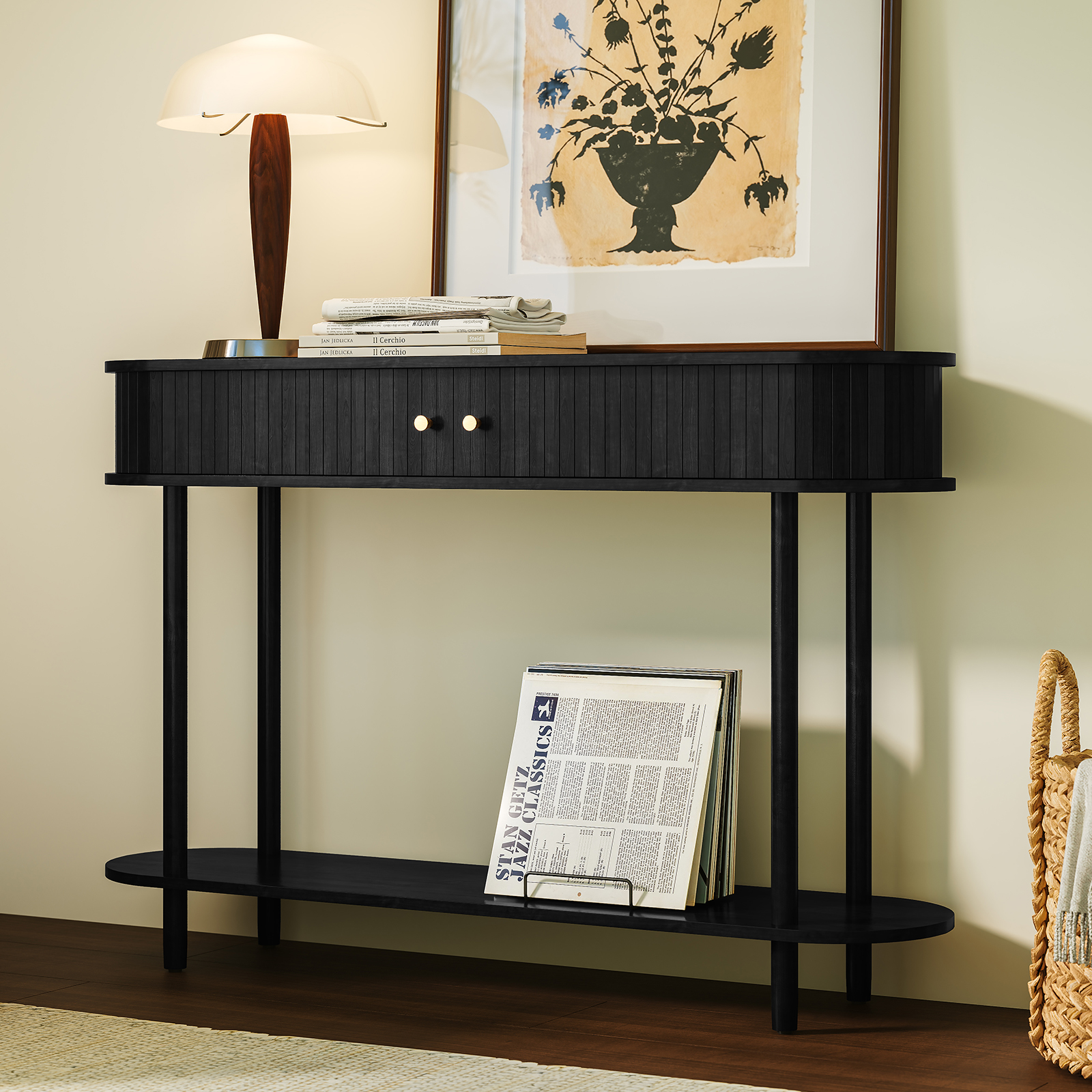 HLR Mid Century Sofa Entryway Table, Console Table with Tambour Sliding Door for Living Room Hallway, Black