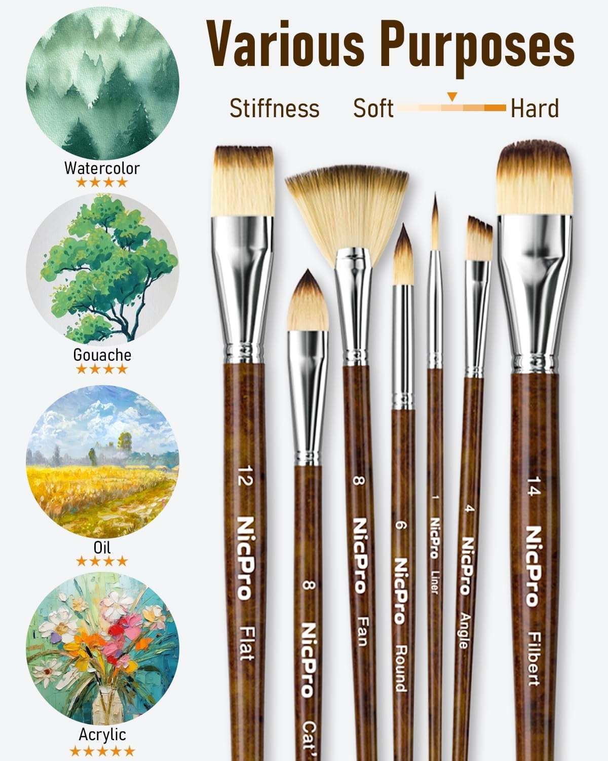 26pcs Paint Brush Set, Professional Paintbrushes with Paint Spatula and Cloth Roll, Craft Paint Brushes for Acrylic Painting, Oil, Watercolor, Gouache, Art Supplies for Artists and Beginners