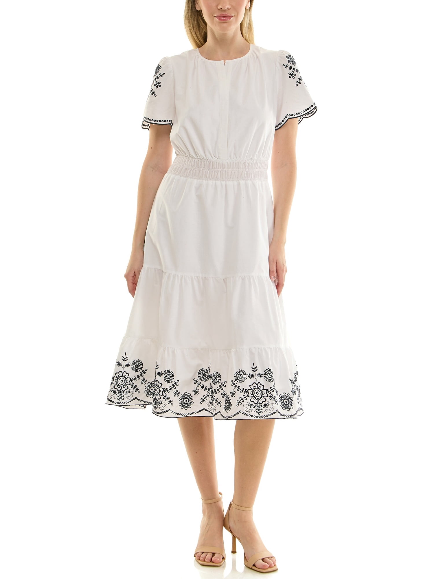 Nanette Lepore Split Neck Cotton Midi Dress With Embroidery