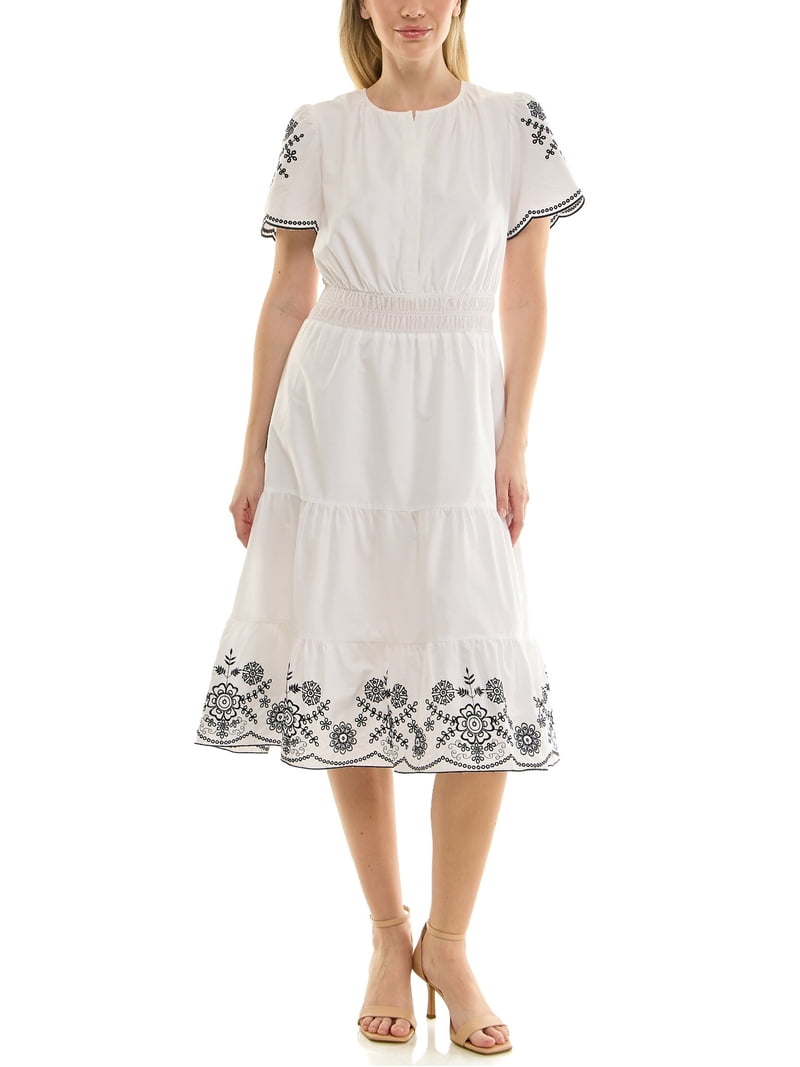 Nanette Lepore Split Neck Cotton Midi Dress With Embroidery Nanette Lepore Split Neck Cotton Midi Dress With Embroidery