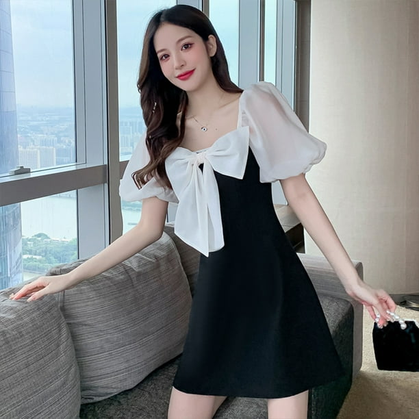 Bingirl Women Dress Black White Contrast Color Bubble Sleeve Bow Tie Square Neck Little Black Dress Black S Black
