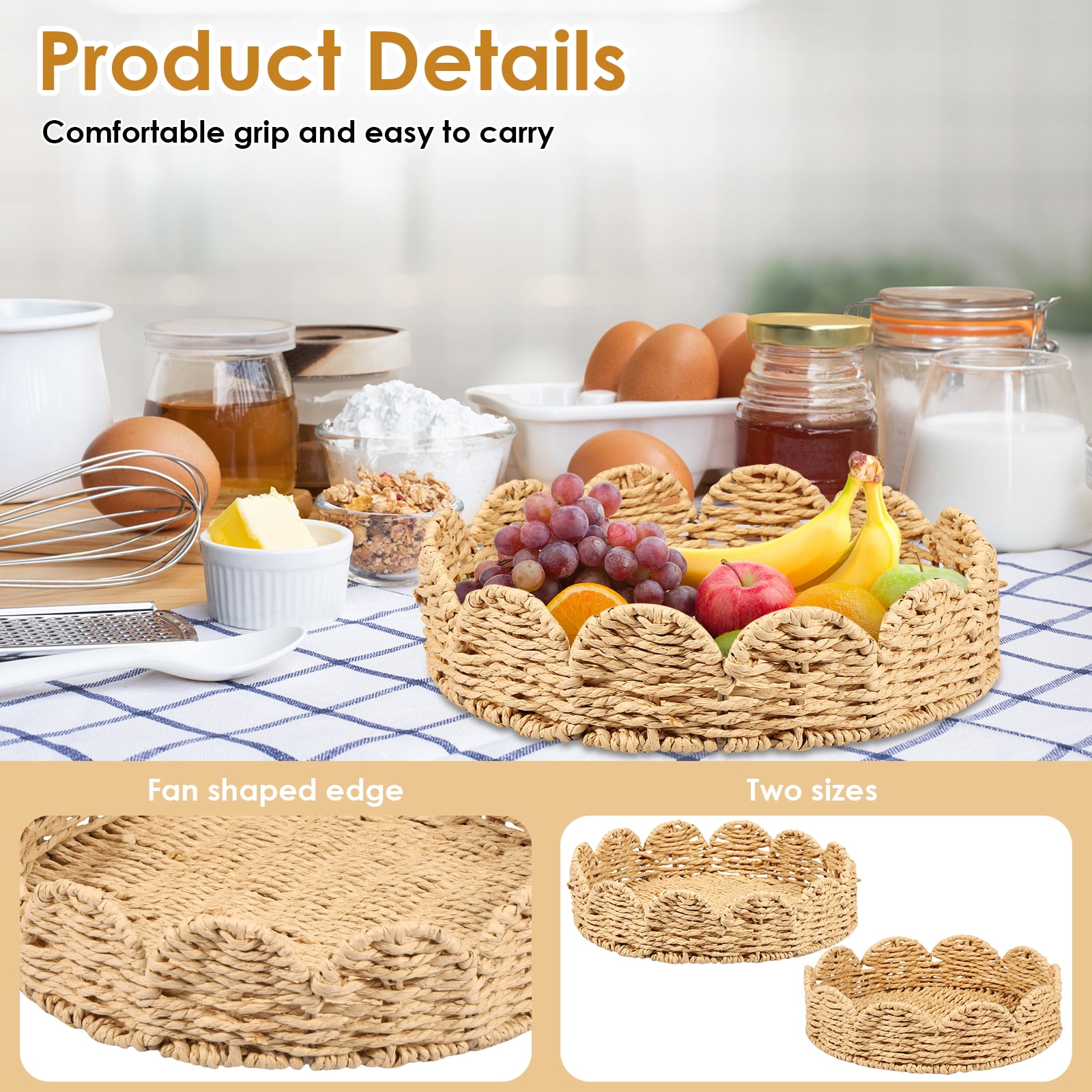 Keyohome Scalloped Basket,2Pcs Hand Woven Scalloped Tray,Decorative Paper Rope Braided Serving Tray,Storage Basket for Organizing and Decor