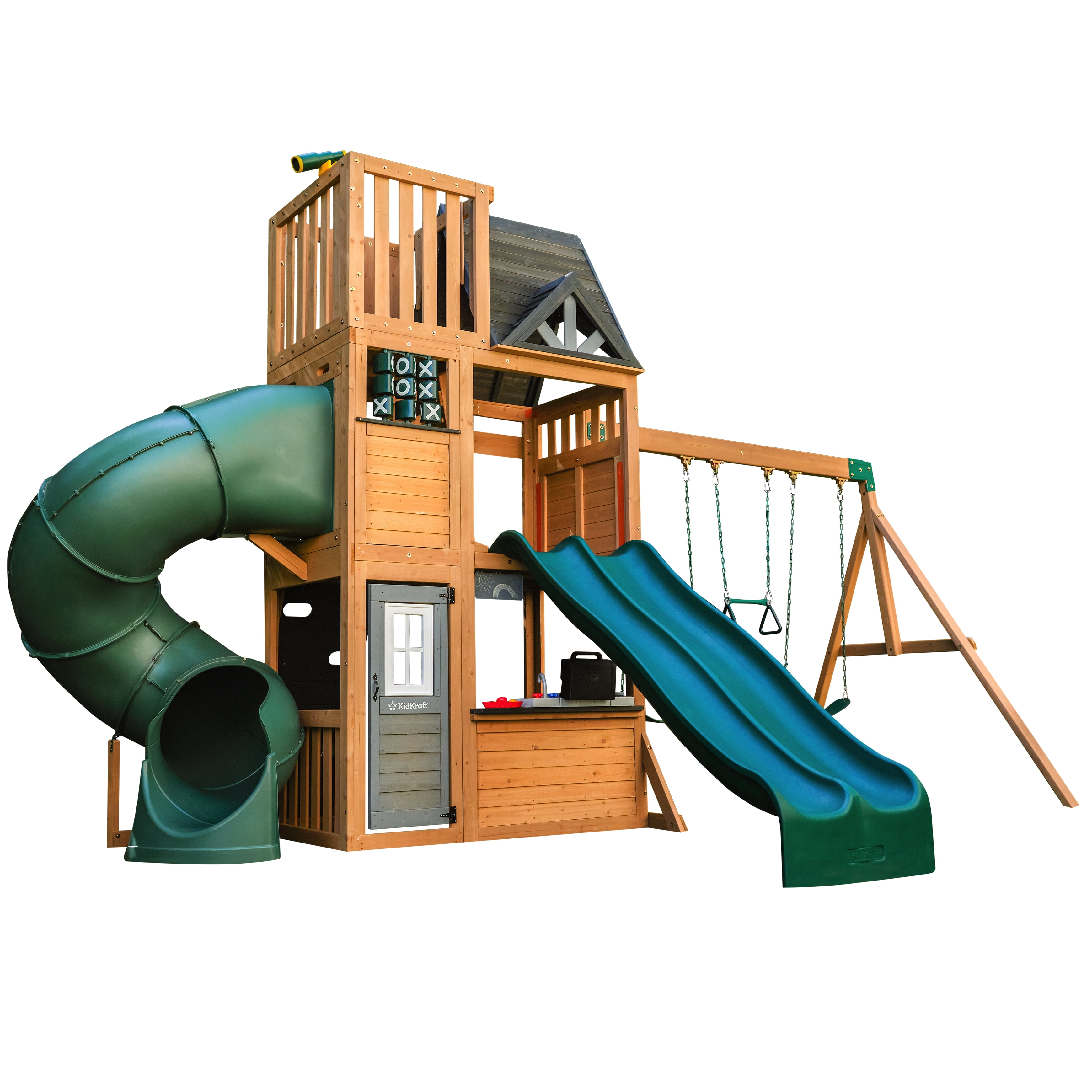 KidKraft Summit View Wooden Swing Set / Playset with Slides, Rock Wall and Crow's Nest