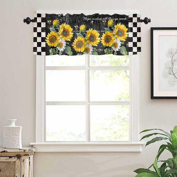 Sunflower Window Valances for Kitchen, Vintage Buffalo Plaid Farm Bee Rod Pocket Valances Windows Treatments Curtains for Living Room Bathroom Bedroom Decoration 54" x 18"