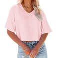 thumbnail image 3 of Women V Neck Half Sleeve Solid Color Cropped T Shirts, 3 of 5