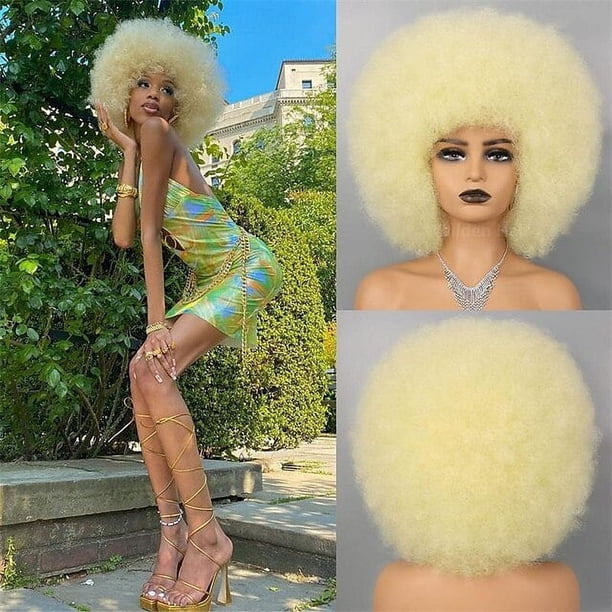 Zhuge Peluca afro suave de los años 70 para mujeres Pelucas de cabello afro rizado con flequillo Peluca afro de cabello sintético Peluca afro para uso diario en fiestas, Beige