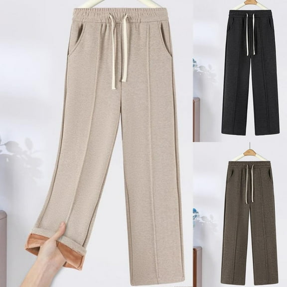 Brondbend Fleece Lined Sweatpants Womens Jogging Pants Thick High Waisted Pocket Straight Leg Solid Color Drawstring Sports Pants Fall Winter Comfortable Outdoor Athletic Trousers,Black