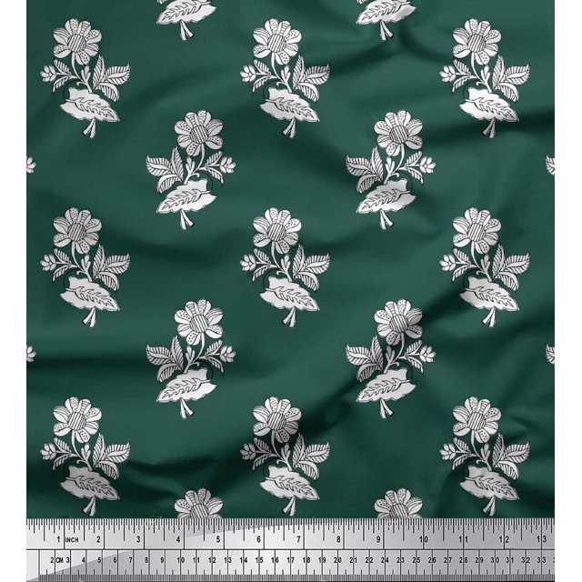 Soimoi Polyester Crepe Fabric Leaves & Floral Block Print Fabric by The Yard 42 Inch Wide