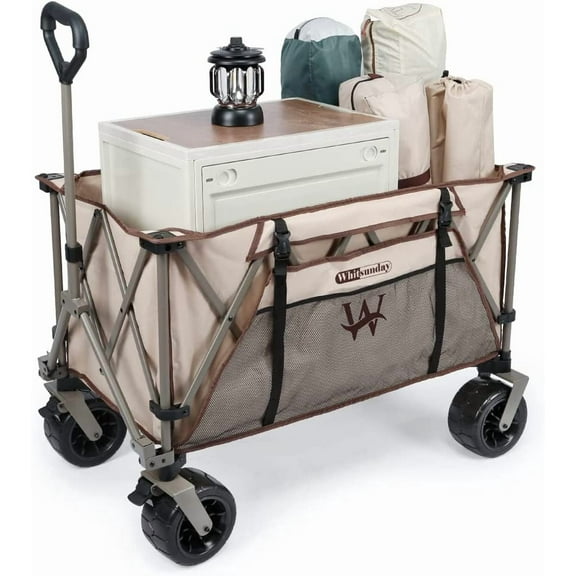 Whitsunday Heavy Duty Collapsible Wagon Cart, 380lb Load-Bearing Utility Wagon Cart with Big All Terrain Wheels, Folding Outdoor Wagon with Side Pocket for Beach, Camping, Outdoor Beige