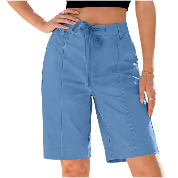 Byworldtasic Bermuda Shorts for Women Trendy High Waist Knee Length Chino Long Shorts Drawstring Summer Casual Short