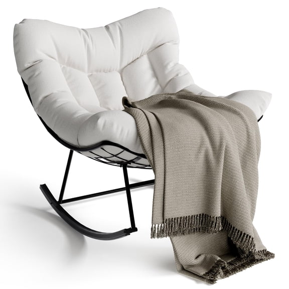 Outdoor Rattan Rocking Lounge Chair with 5" Thick Cushion, Heavy-Duty 400lbs Steel Frame, Comfy Reading Seat for Adults, Weather-Resistant Wicker Chair for Living Room, Balcony & Porch