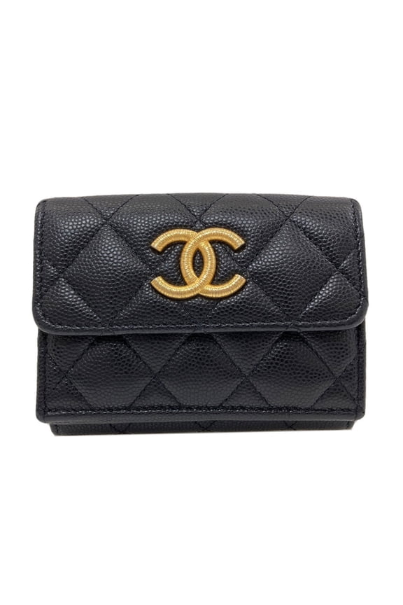 Pre-Owned Chanel Coco Mark Matelass Bi-fold Wallet with Gold Hardware, Grained Calfskin,...
