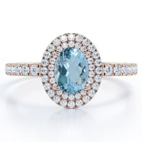 JeenMata Double Cluster 1.35 Carat Egg Shaped Ocean Blue Created Aquamarine and Moissanite Pave Set Engagement Ring in 18K Rose Gold Plating over Silver