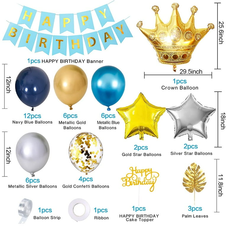 Navy Blue Silver Happy Birthday Party Decorations Set for Men Boys Women  Girls, Banner, Crown Balloon