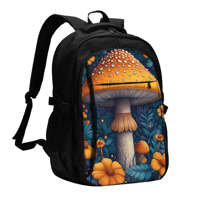 Disketp Vintage Blue Leaf Mushroom Mochila de Viaje Estampada para Laptop con Puerto de Carga USB, Mochila Impermeable para Computadora – Regalo para Hombres y Mujeres