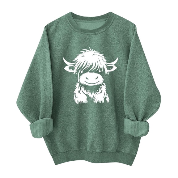 SYMOID women's oversized cotton sweatshirt, cute Hi-nd cow graphic, crew neck drop shoulder cuffed sleeve, green,Size M
