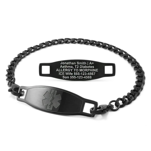MedicEngraved Black Stainless Steel Custom Medical Alert Bracelet - 5mm Curb Link