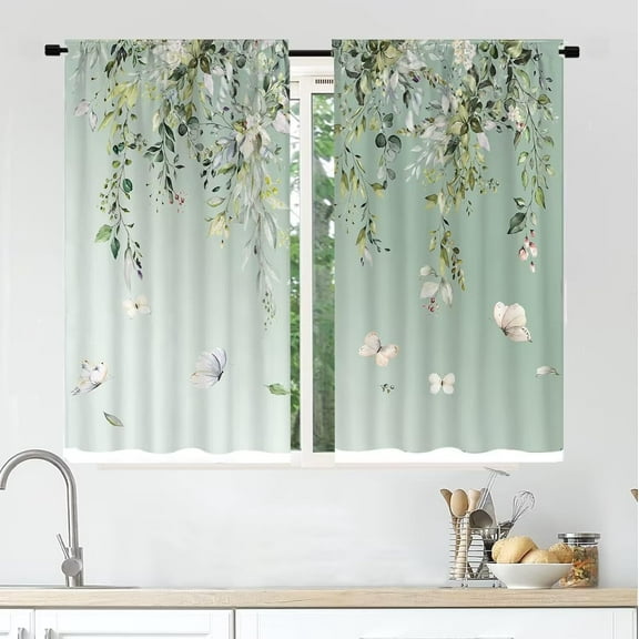Short Tier Curtains for Kitchen Bathroom, Green Eucalyptus Leaf Cafe Curtains, Soft Airy Kitchen Sink Curtains with Kitchen Bathroom Window Curtains, 39" L x 27.5" W, 2 Panels