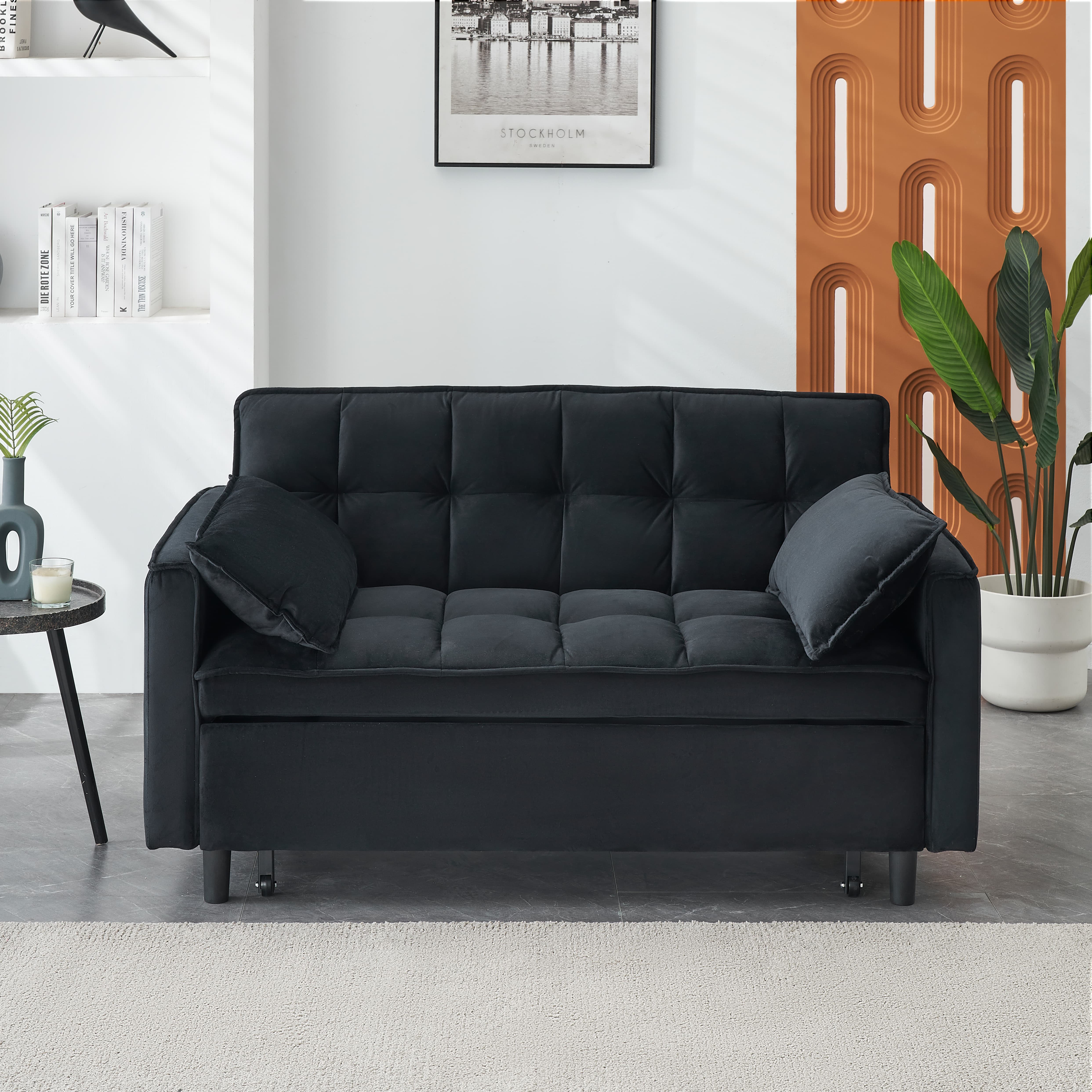 MAYEERTY 3 In 1 Convertible Sleep Sofa Bed, Pull Out Velvet Sleeper Sofa Small Loveseat, for Apartment, Living Room, Small Space, Black