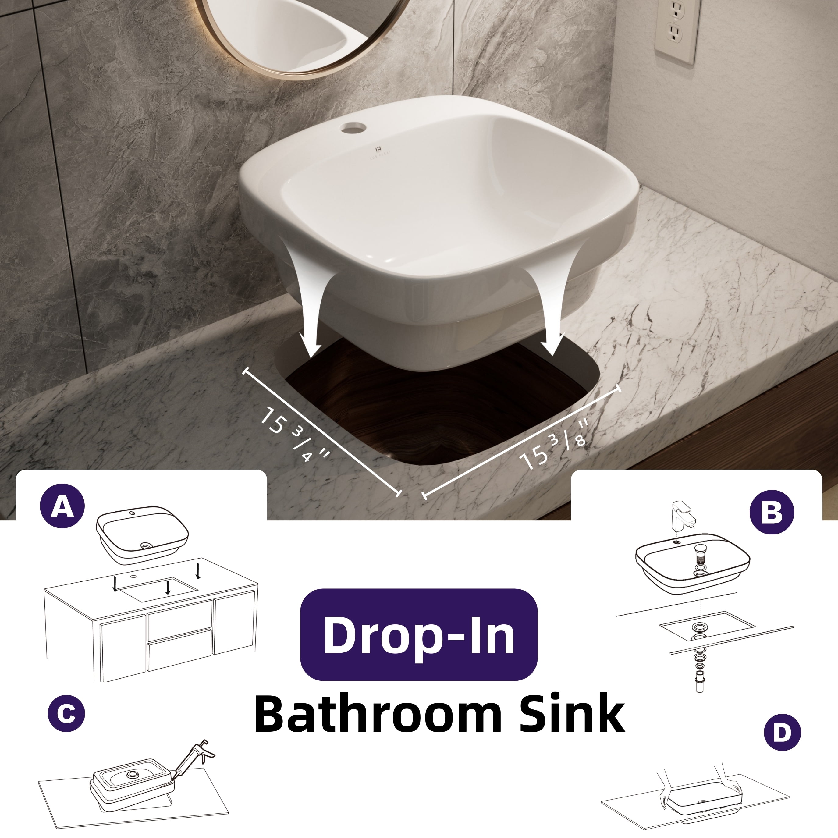 Los Flexi 17" Square Drop-In Bathroom Sink, White Ceramic Semi-recessed Bathroom Sink for Vanity, Non-Overflow Pop-Up Drain Included