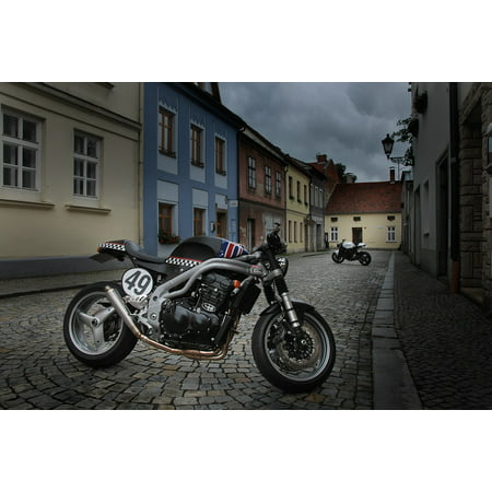 LAMINATED POSTER Triumph Cafe Racer Old City Motorcycle Motorbike Poster Print 24 x