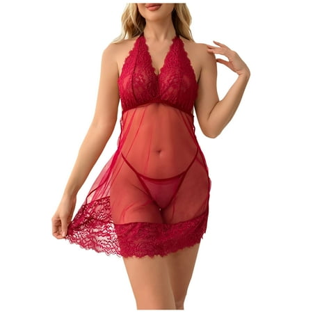 Abomasnow Womens Sexy Spaghetti Strap See Through Lace Bodysuit One Piece Teddy Camisole Dress with T-Back Thong Babydoll Lingerie for Women on Clearance