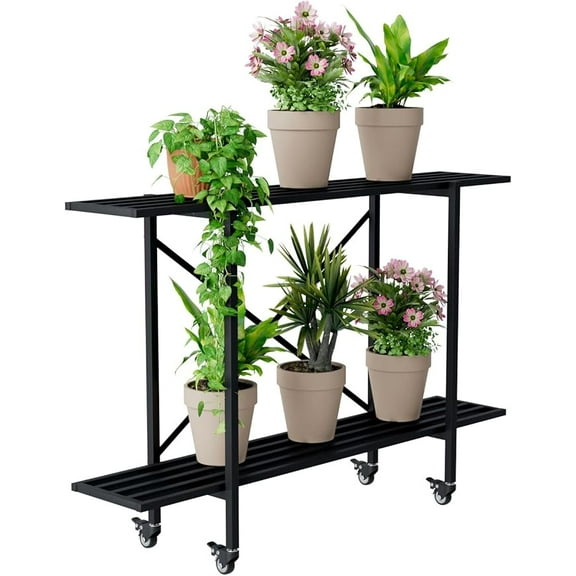 Zhongma 2 Tier Metal Sturdy Narrow Plant Stand with Wheels, Plant Stand Indoor and Outdoor, L45.67 x W10.3 x H29.9 inch, 440 LBS Capacity & Heavy Duty Construction.