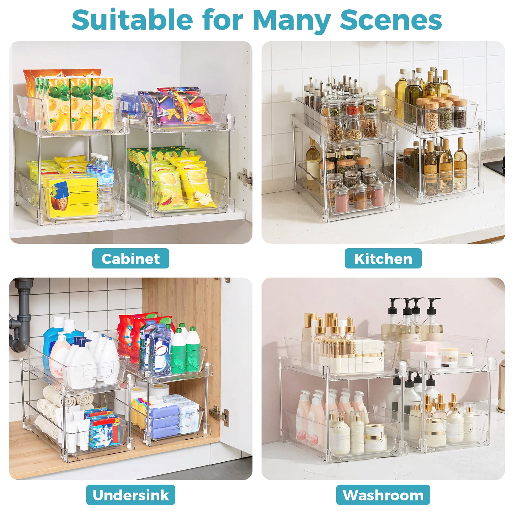 4 Pack Clear Pull Out Under Sink Organizer and Storage Bins, 2-Tier Sliding Cabinet Drawer Container for Kitchen, Bathroom and Pantry Organization