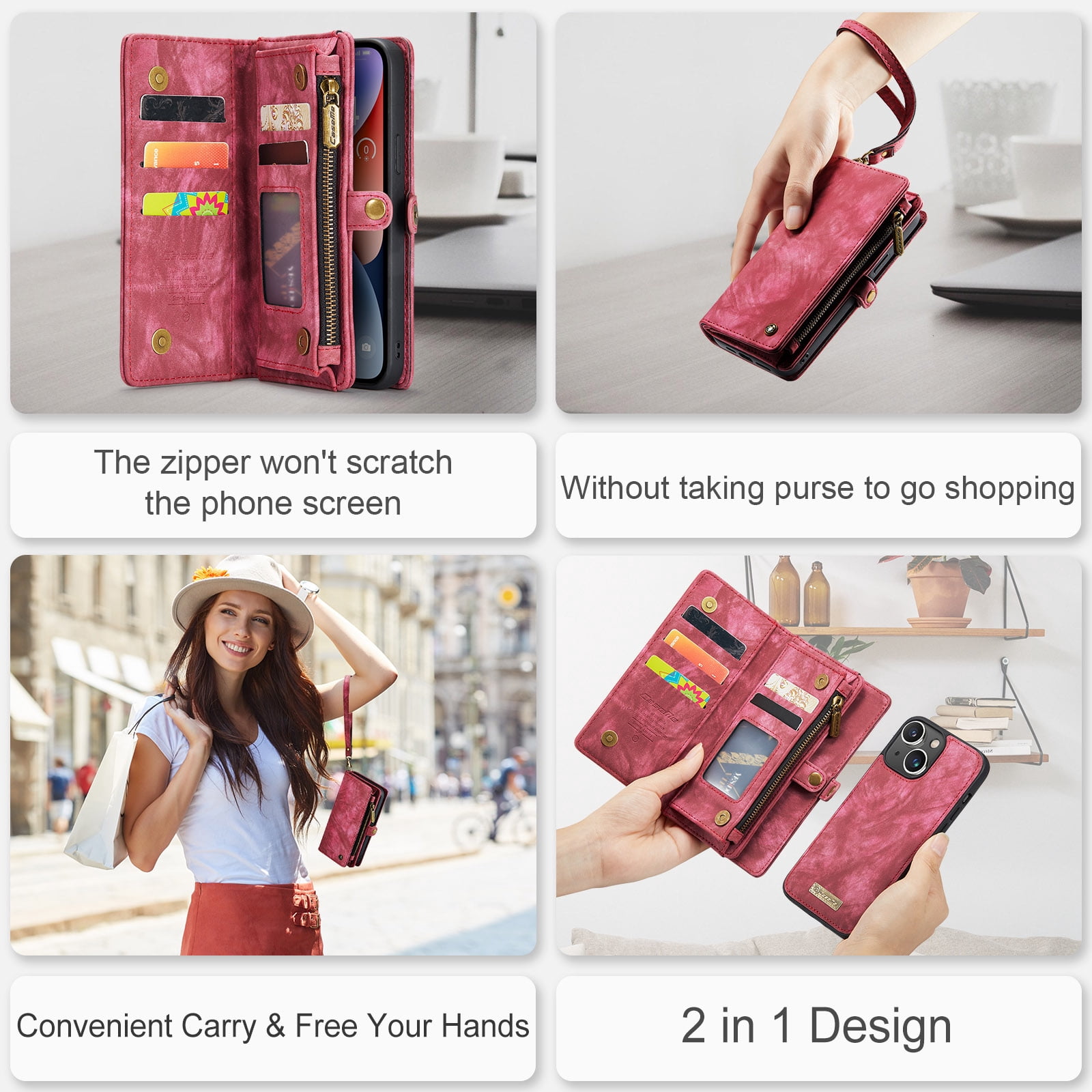 Feishell Durable 2-In-1 Magnetic Detachable Wallet Case for iPhone 15,for Women Men,Premium PU Leather Zipper Pocket Flip Multi Card Slots Purse Phone Case with Wrist Strap,Red