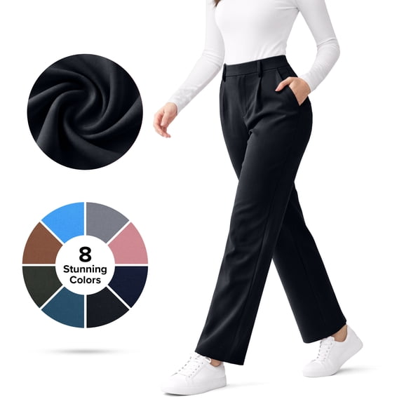 Lux Decor Women’s Stretch Work Pants - High Waisted Straight Leg Trousers, Wrinkle-Resistant Office Pant with 2 Pockets, Comfortable Pull-On Work Pants for Travel & Daily Wear - Large, Black