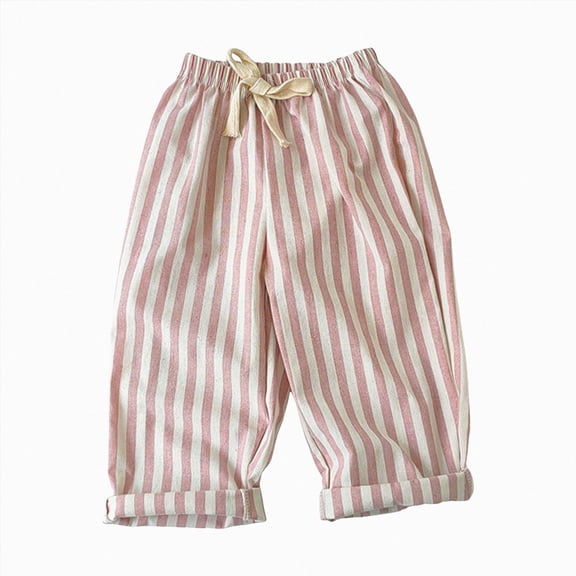Xyant Toddler Girl Boy Cotton Linen Pants Striped Wide Leg Casual Pant Elastic Waist Summer Fall Trousers Kids Loose Long Pants (Pink,1-2 Years)
