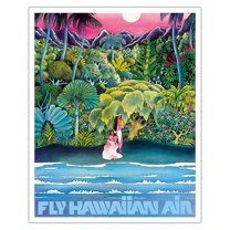Fly Hawaiian Air - Hawaii Women on the Beach - Hawaiian Airlines - Vintage Airline Travel Poster c.1970s - Fine Art Matte Paper Print (Unframed) 16x20in