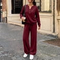 thumbnail image 4 of Evdexr Lounge Sets for Women 2 Piece Henley Long Sleeve Shirts & Pants Tracksuits Winter Fall Athletic Casual Outfits Solid Wide Leg Loungewear with Pocket M, 4 of 6
