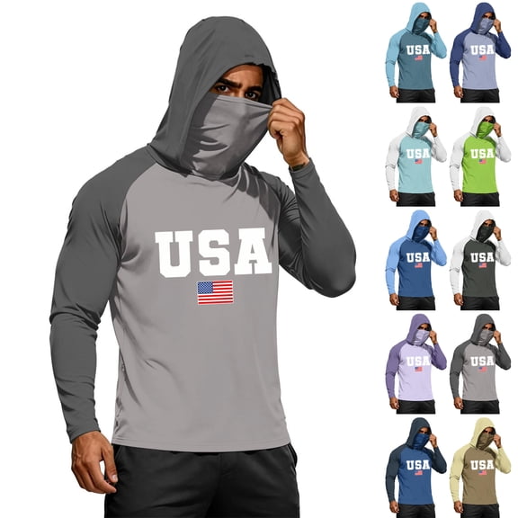 Men's USA Patriotic Hoodie with Built-in Face Mask and Raglan Sleeves Featuring UPF 50 Sun Protection for Independence Day Fishing Hiking Camping or Outdoor Work Blue L
