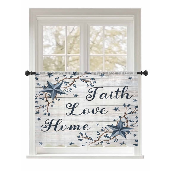 Sheer Curtains 54 Inch Length, Farmhouse Semi Sheer Curtains Light Filtering Window Treatment, Blue Country Texas Star Vintage Berries Wooden Privacy Voile Drapes for Living Room Bedroom 52x54 Inch