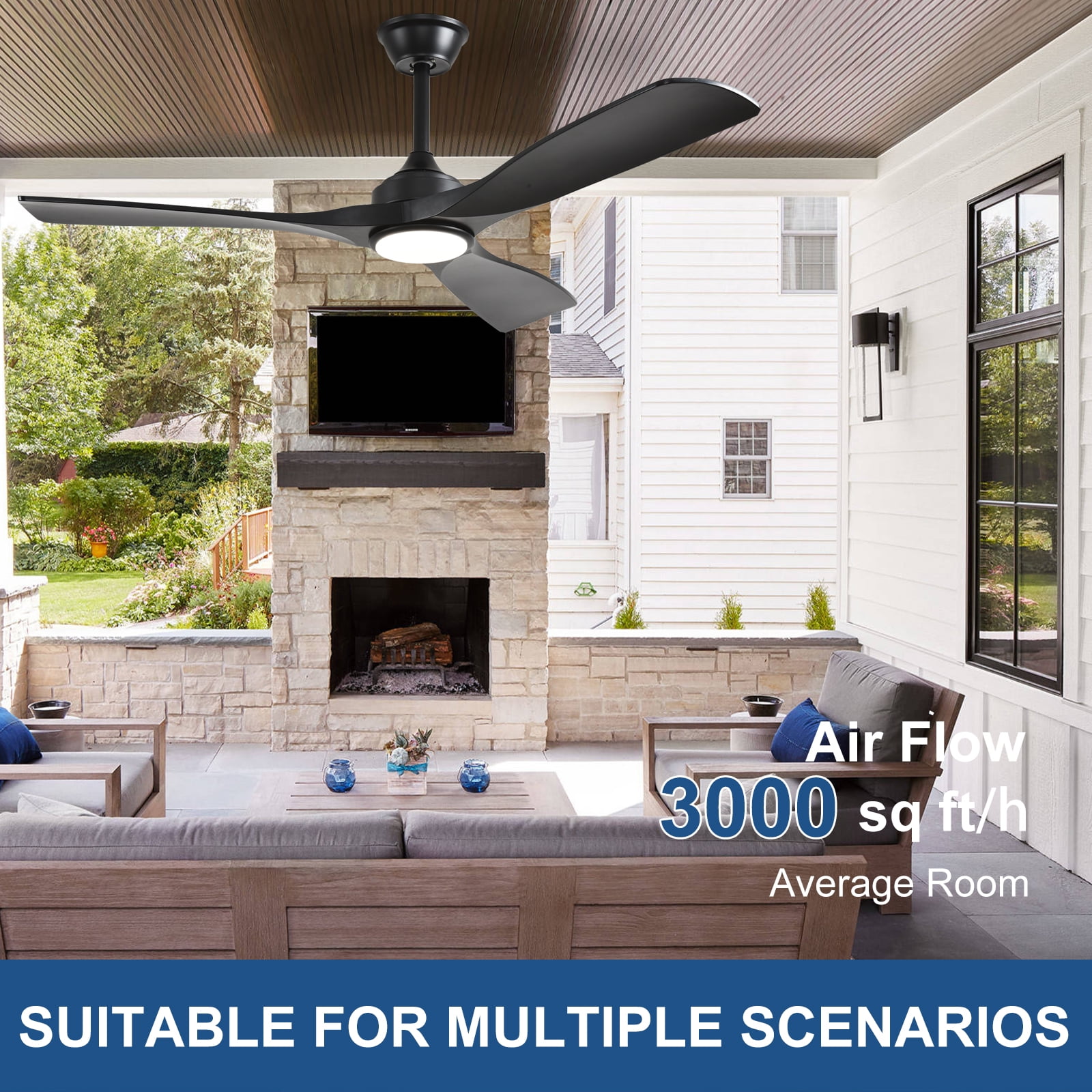 52-Inch Black Ceiling Fan with Light : Indoor/Outdoor Use Hanging Fan, Remote Control, High Efficiency with Quiet DC Motor, Timer Function