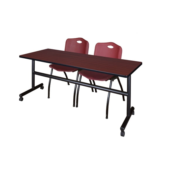 72" x 30" Flip Top Mobile Training Table- Mahogany and 2 "M" Stack Chairs- Burgundy