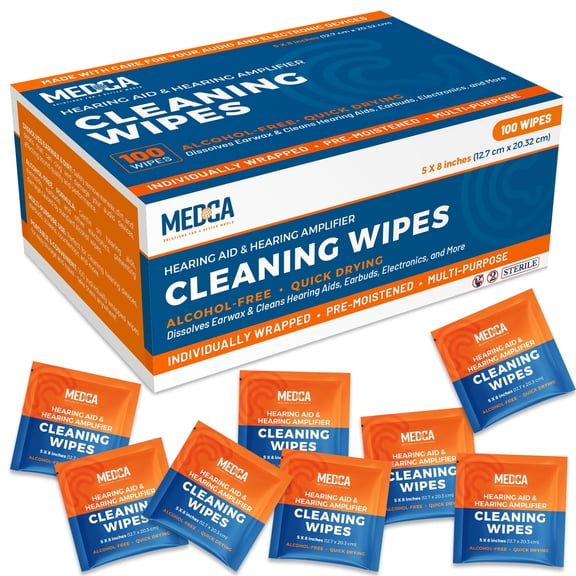 MEDca Hearing Aid Cleaning Wipes, 100 Count Individually Wrapped, Alcohol-Free Pre-Moistened Wipes for Hearing Aids & Earbuds
