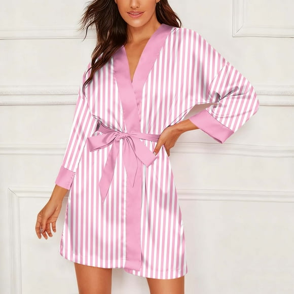 Betivan Women's Bathrobe Spring Summer Silk Striped Satin Soft Lounge Robe Loose Short-Length Comfortable Fit Home Bath Sleep Daily Lounge Wear