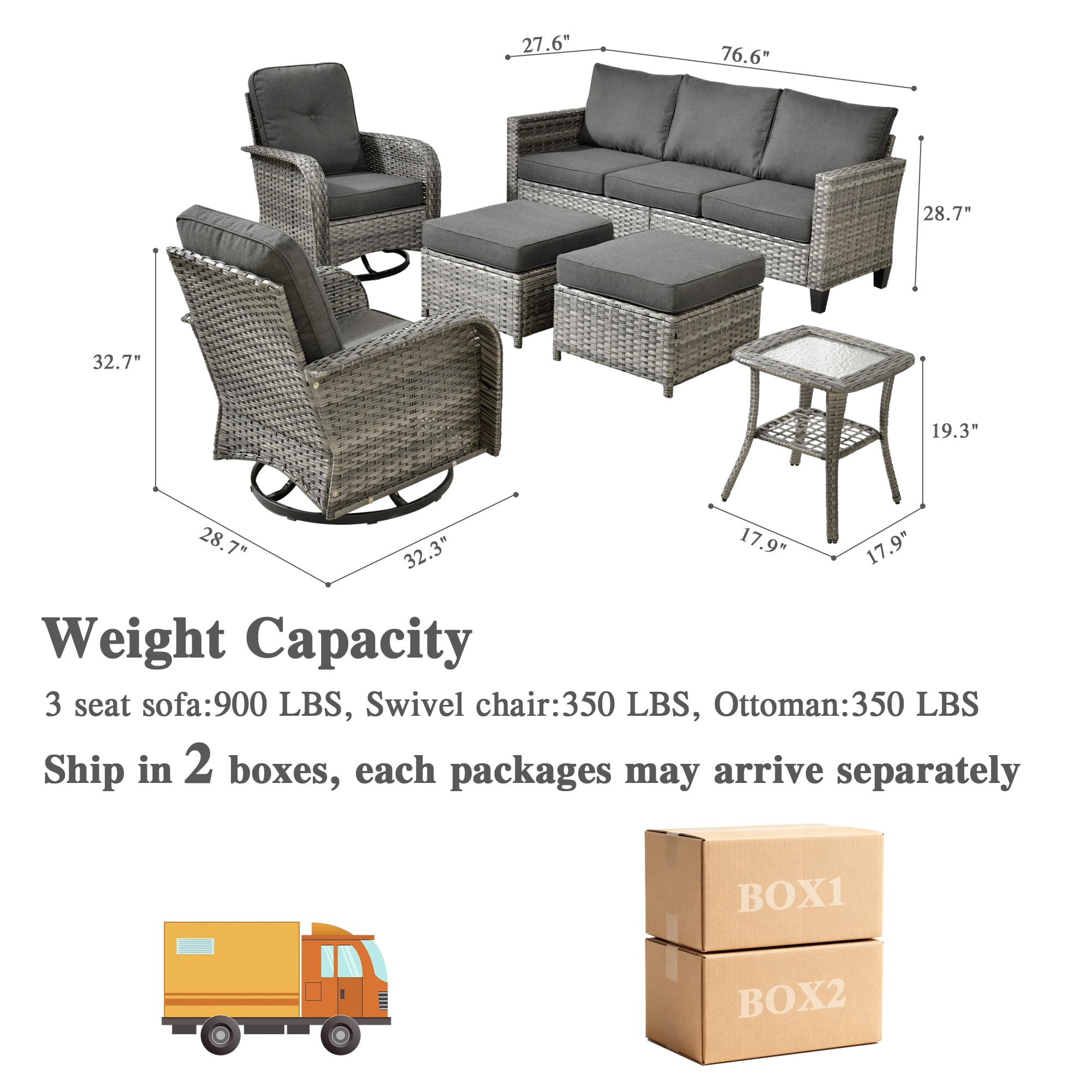 Ovios 6 Pieces Outdoor Patio Furniture Set All-Weather Wicker Rattan Sectional Sofa with Swivel Chairs Ottomans Side Table